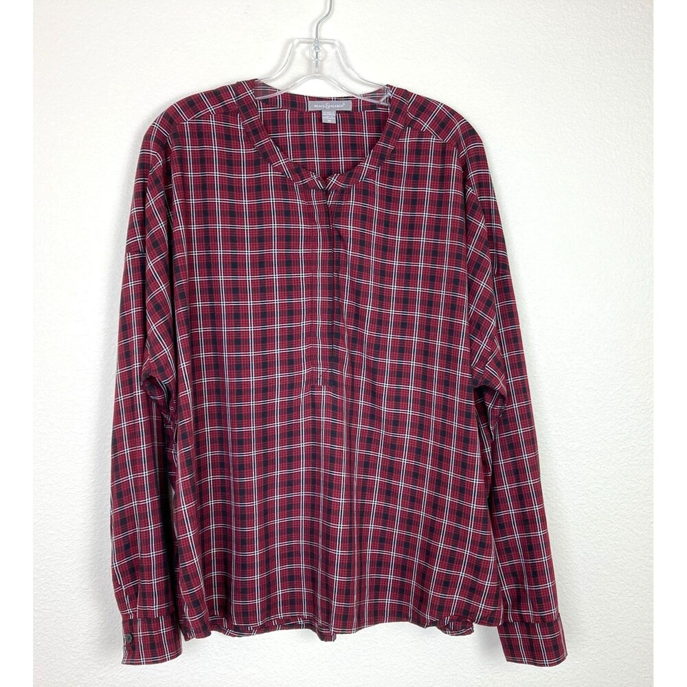 Peace & Pearls Women's Popover Blouse Size M Burgundy Black White Plaid